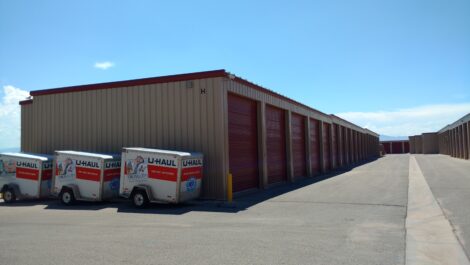 Uhaul trailers and outdoor storage units at the Towne Storage Washington Dam Storage Facility