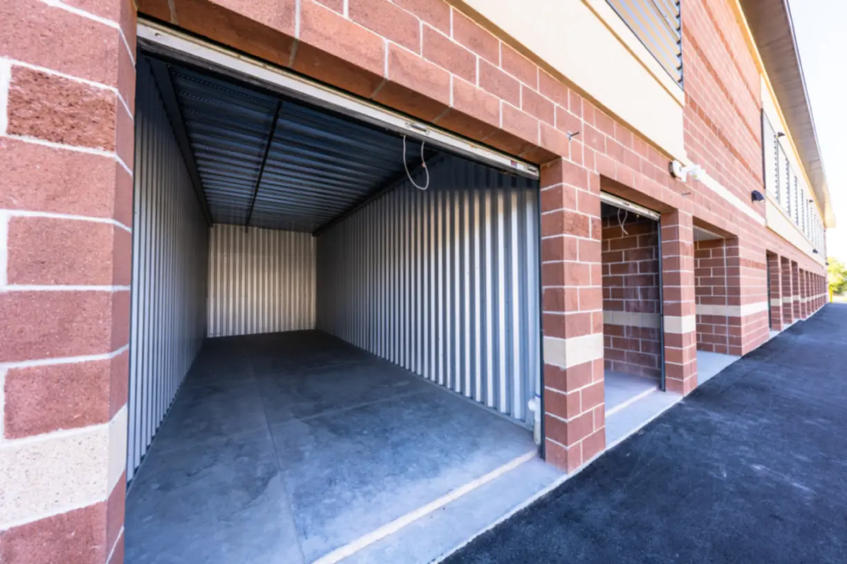 Door open to storage unit, outdoor storage unit, drive up unit at Towne Storage-Clinton