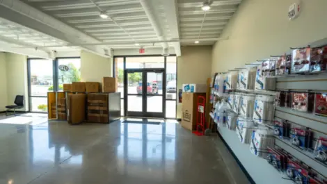 Entrance from inside and wall of storage, moving/ packing supplies at Towne Storage-Clinton