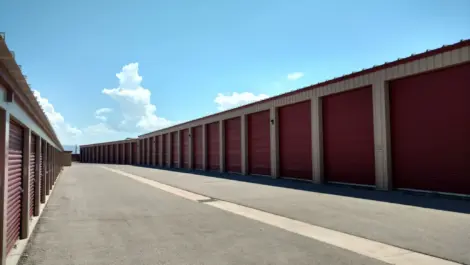 A row of outdoor storage units at the Towne Storage Washington Dam Storage Facility