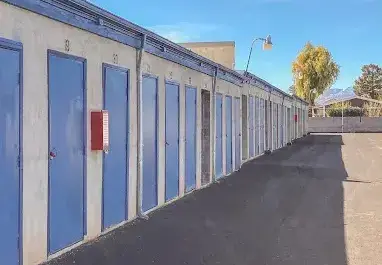 Outdoor view of storage facility blue doors