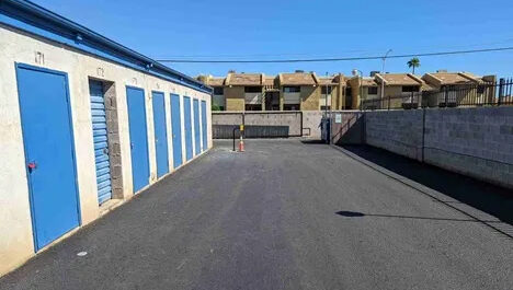 Outdoor view of storage facility with blue doors